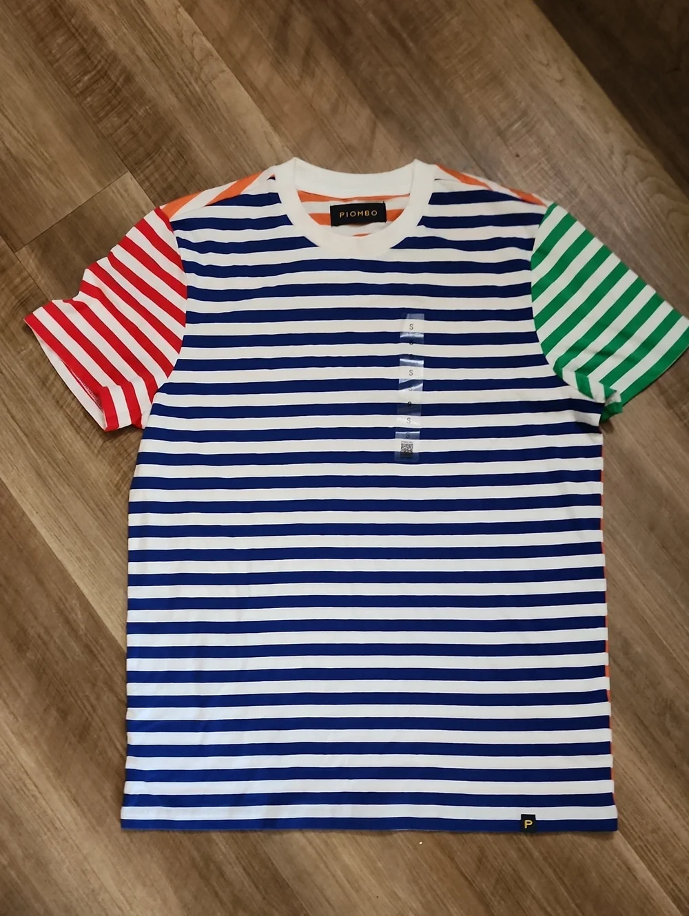 Piombo Blue & White Striped Tee with Red and Green Sleeves - Picture 1 of 5